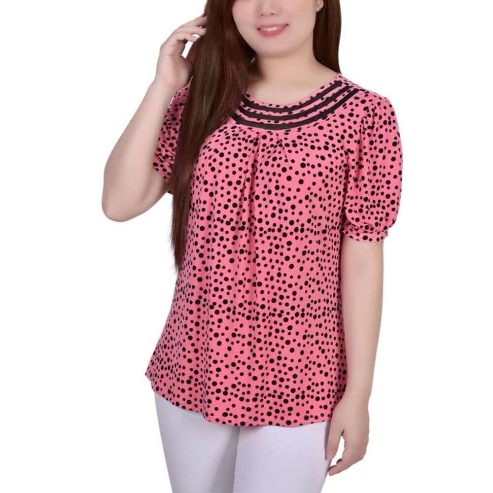 NY Collection Petite Short Puff Sleeve Mesh Inset Top
